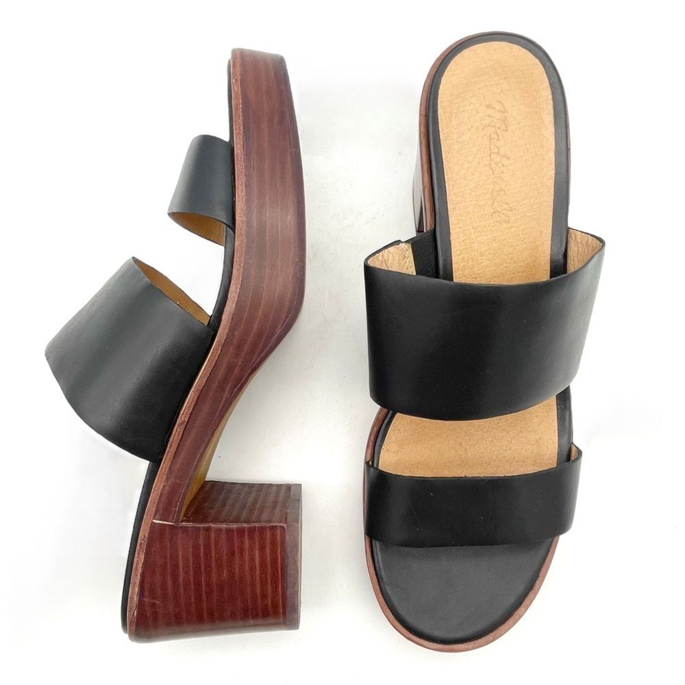 Madewell Kiera Mule Platform Sandals Black Leather Heels Size 9.5 Chunky Heel